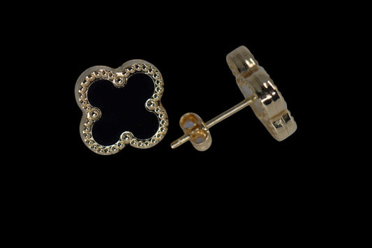 14K Yellow Gold Black Flower Earrings / Aretes de Flor Negra en Oro 14K