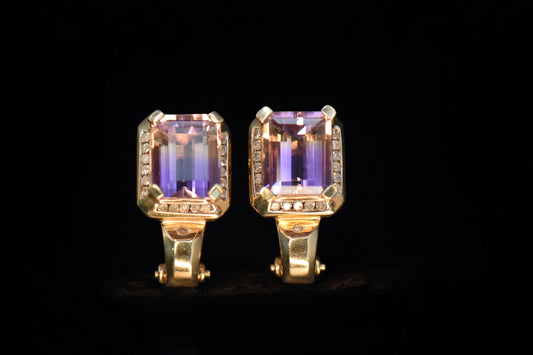 14K Yellow Gold Amethyst Yellow Diamond Stud Earrings / Aretes con Amatista y Diamantes Amarillos en Oro 14K