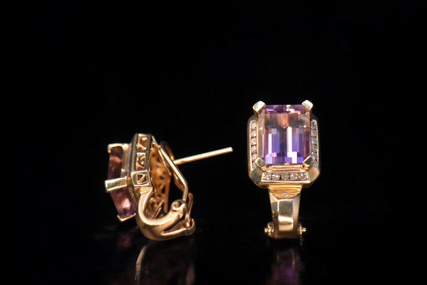 14K Yellow Gold Amethyst Yellow Diamond Stud Earrings / Aretes con Amatista y Diamantes Amarillos en Oro 14K