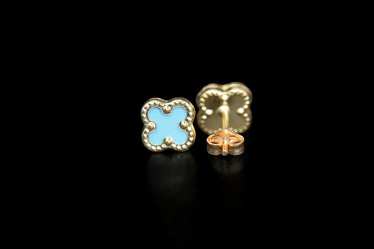 14K Yellow Gold Blue Flower Earrings / Aretes de Flor Azul en Oro 14K